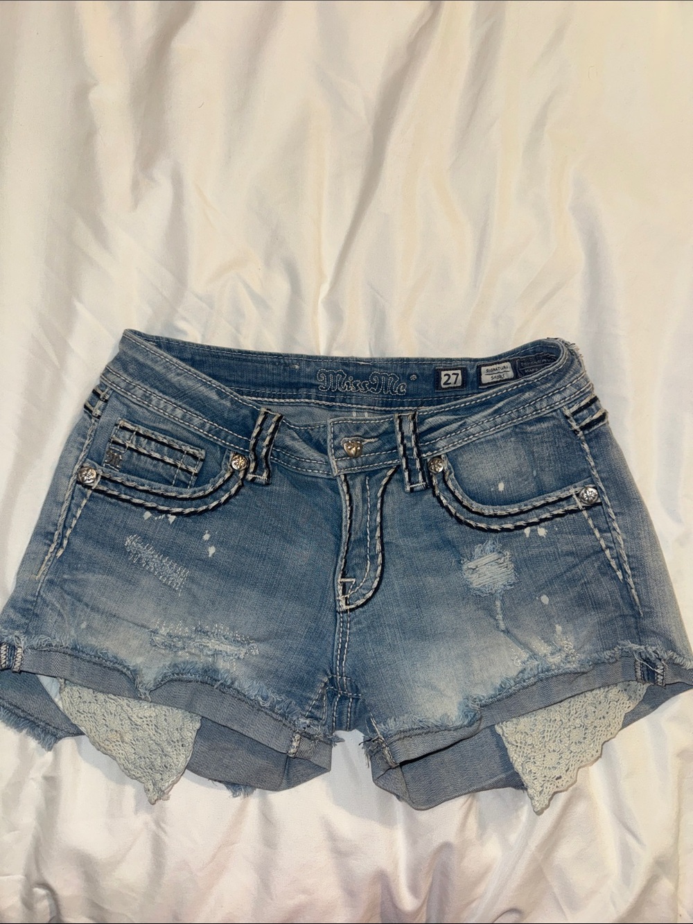 Miss Me Light Blue Distressed Denim Shorts with Lace Inset